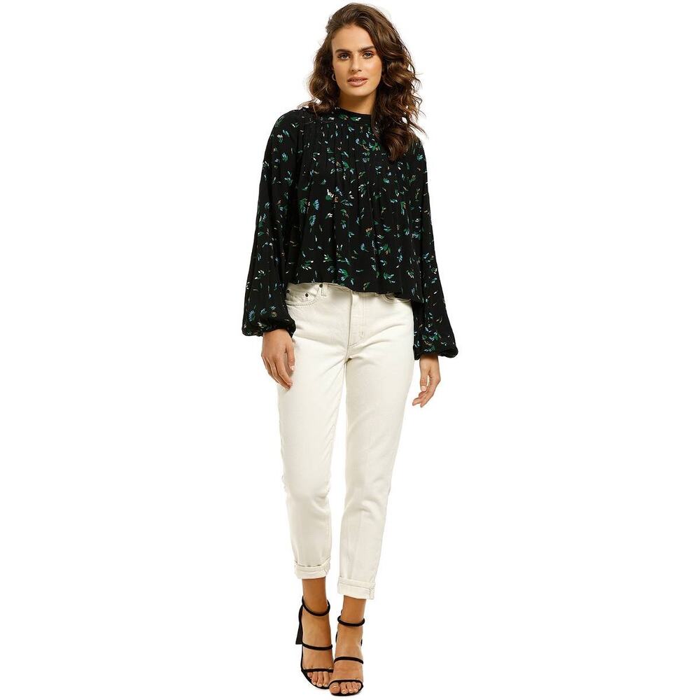 Ganni Black Blue Floral Mock Neck Pleated Crepe Top Blouse Size EU 42 US Large